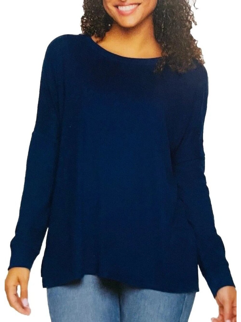 NWT Felina Women's L Long Sleeve Knit Top Navy Blue Relaxed Fit